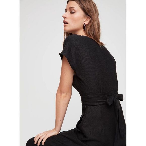 Aritzia WILFRED Brax Black Linen Lyocell Cut-Out Wrap Wide Leg Jumpsuit, Size 6 - Picture 5 of 13